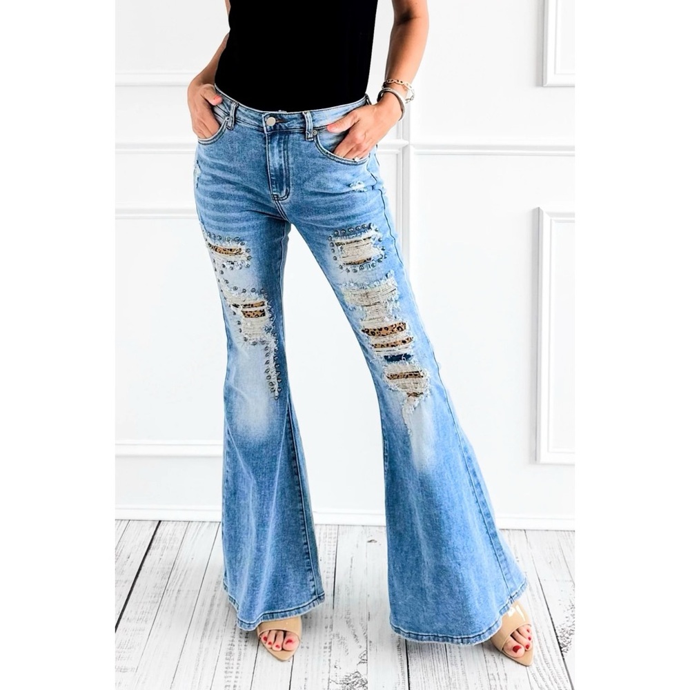 Oli & Hali Leopard Patch Stud Detail Distressed Stretchy Flares - Picture 6 of 8